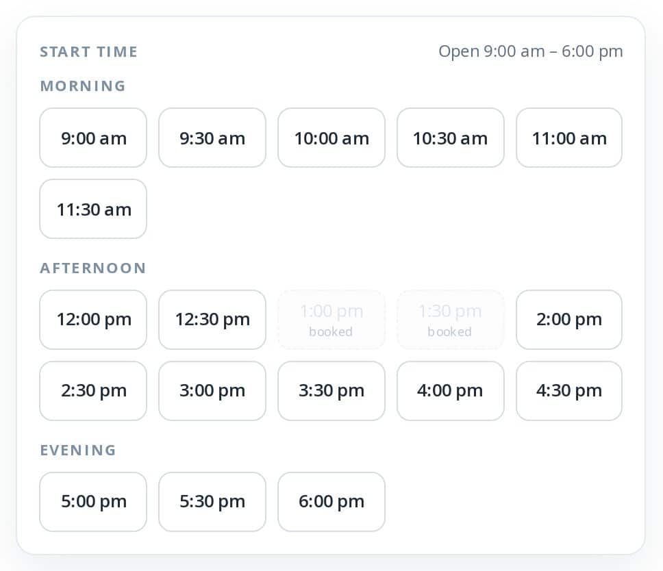 Rental time slots with booked times greyed out