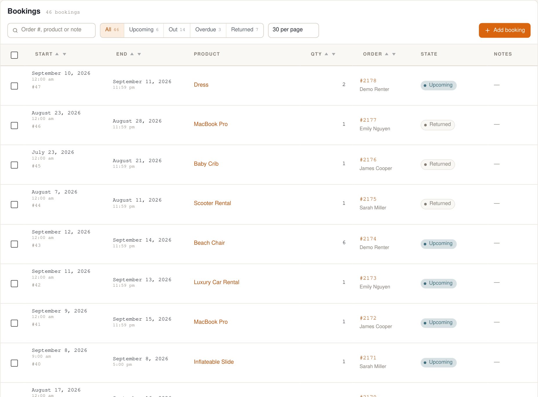 Bookings List
