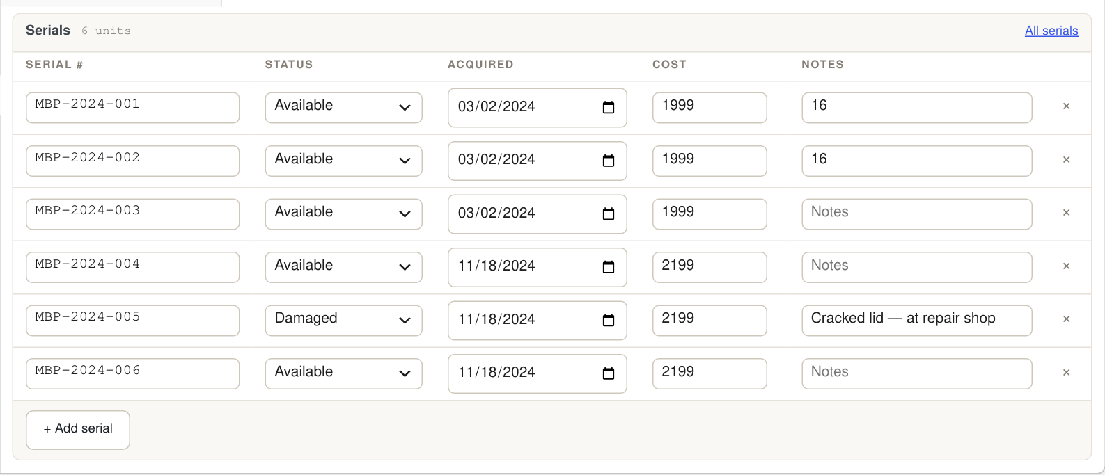 Serials On The Product Page