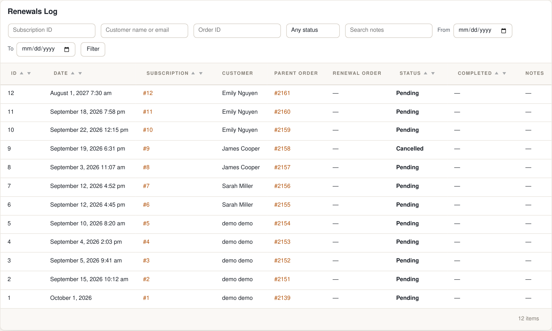 Admin Subscription Renewals Log
