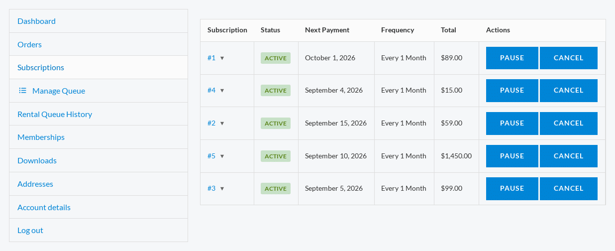 Customer Subscriptions In My Account