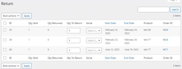 Return / Check In Rentals