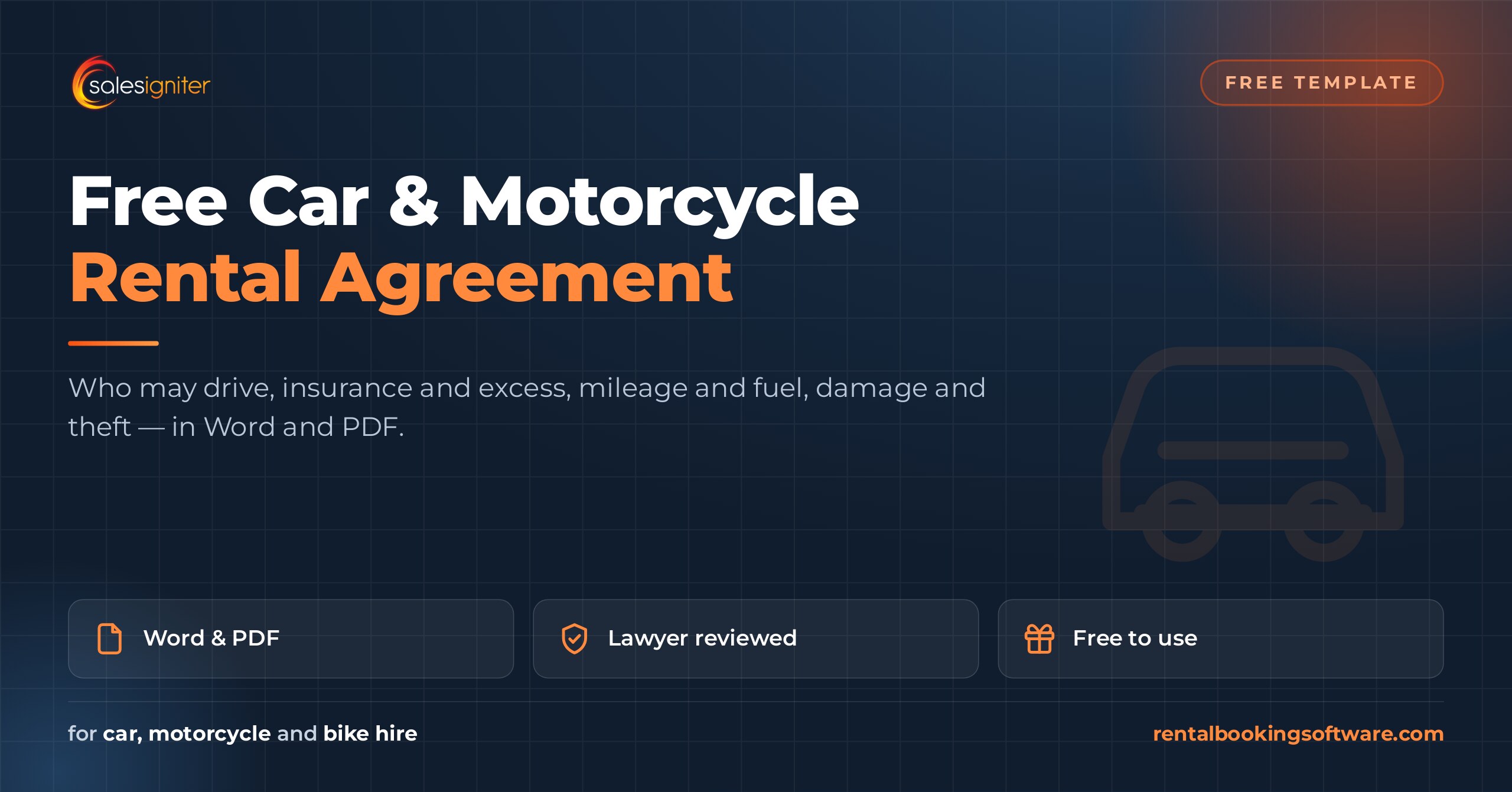Free car, motorcycle and bike rental agreement template in Word and PDF covering drivers, insurance, mileage, damage and theft