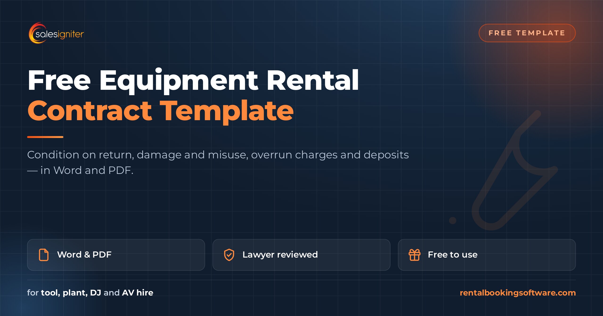 Free equipment rental contract template in Word and PDF covering condition on return, damage, overrun charges and deposits