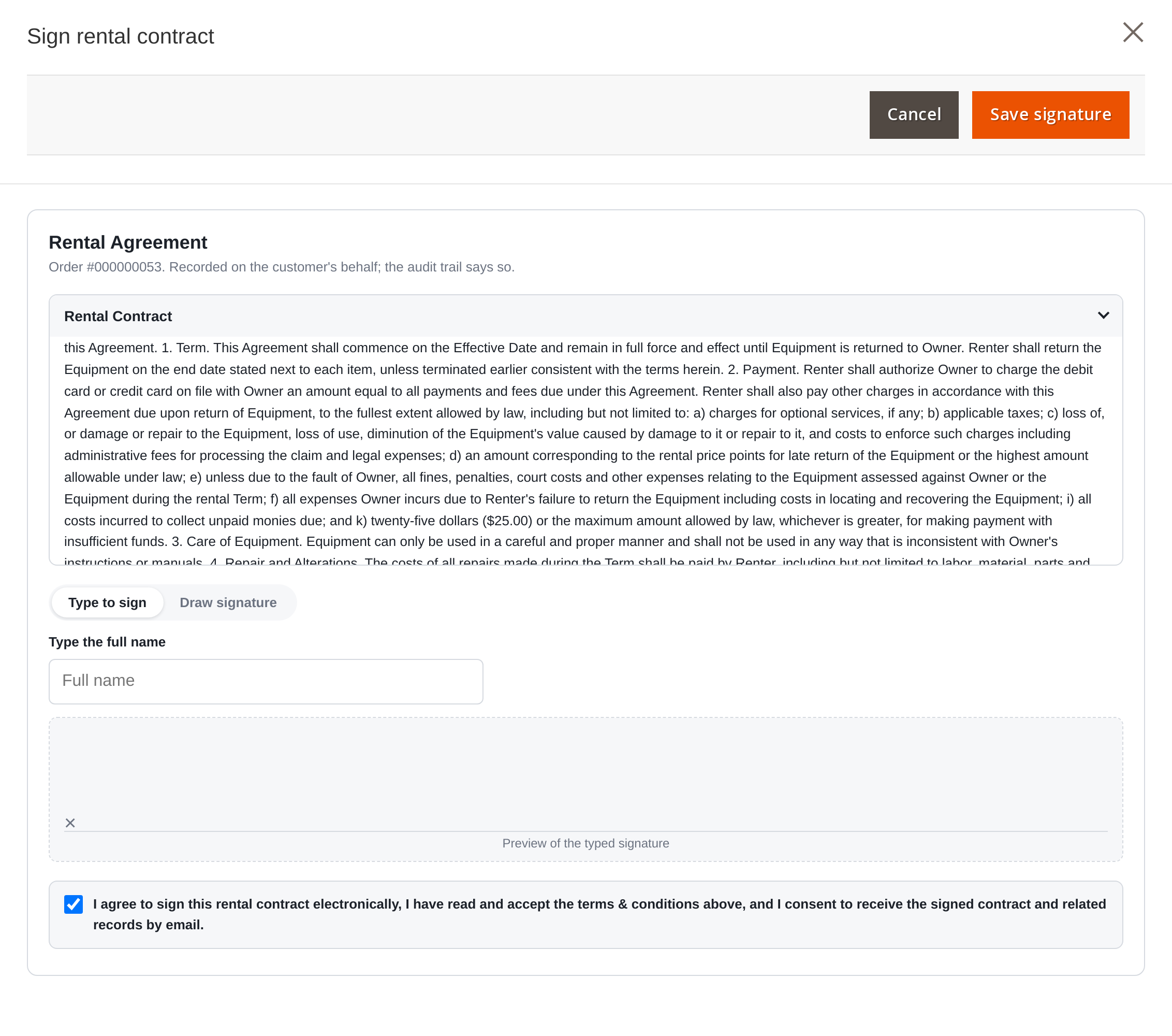 Sign rental contract panel in the Magento admin with the contract terms, Type to sign and Draw signature tabs, and Save signature button
