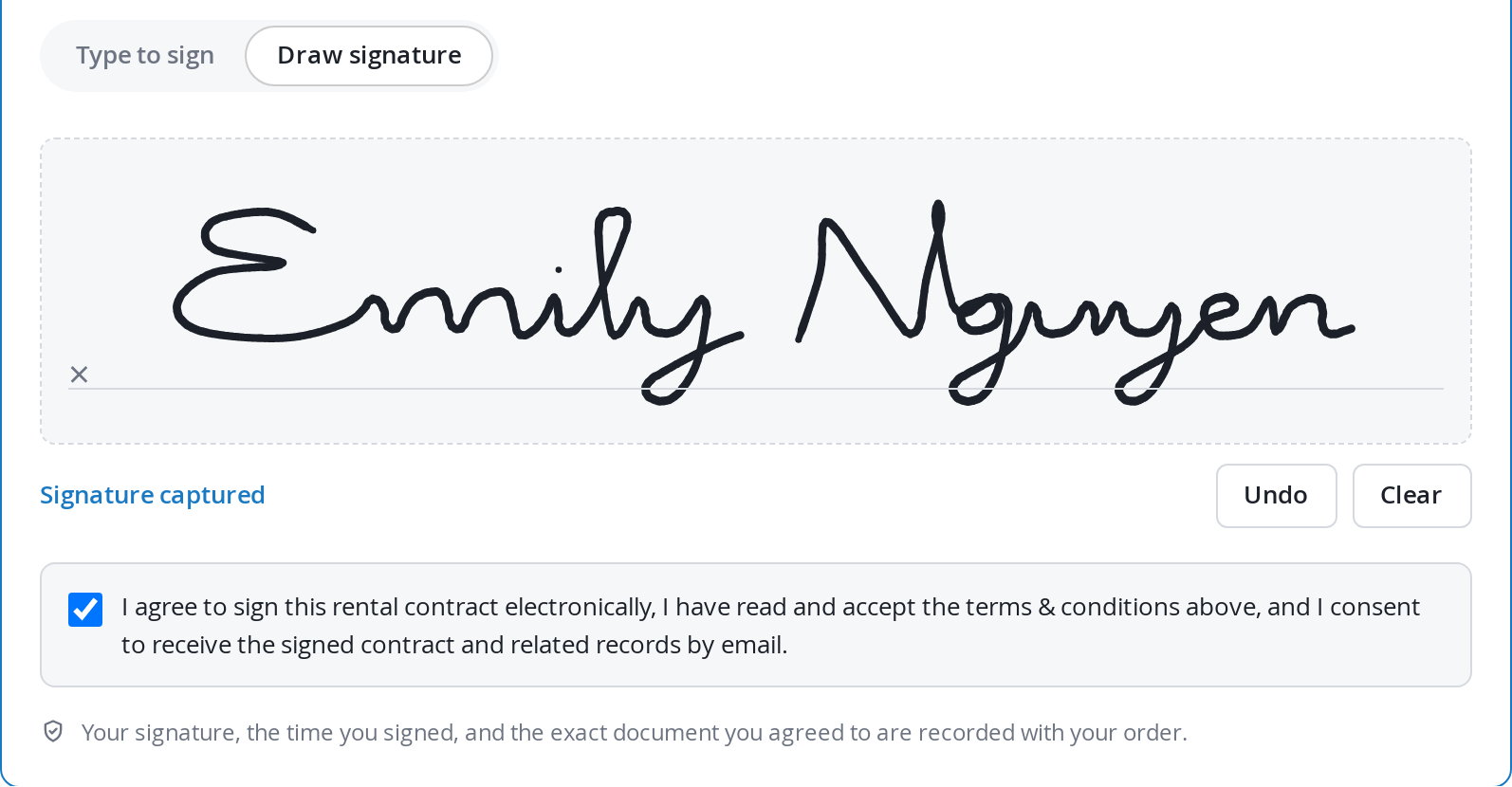 Draw signature tab on the Magento checkout with a handwritten signature on the pad, Undo and Clear buttons and the consent checkbox ticked