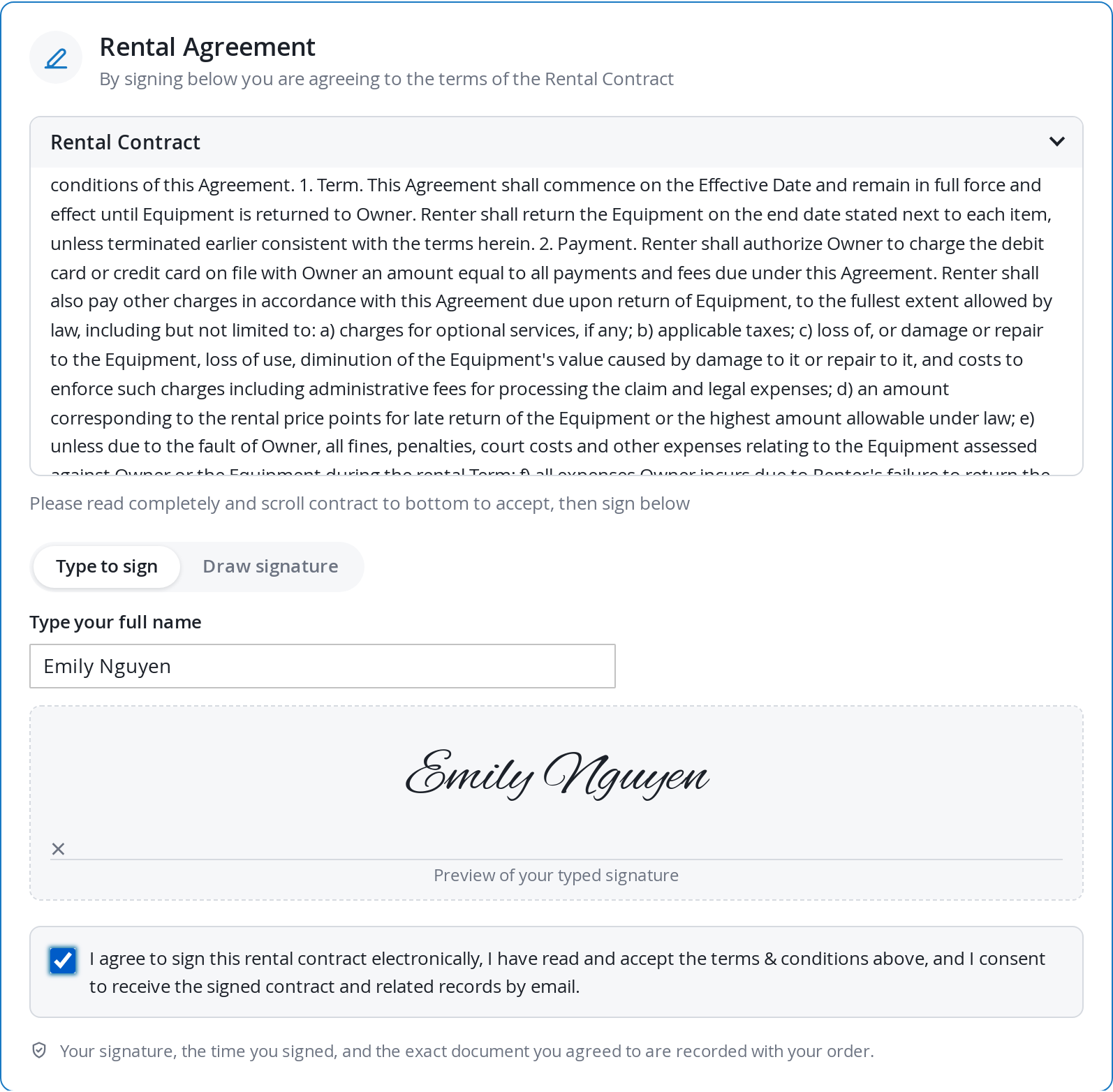 Rental contract signing card on the Magento checkout: terms box, Type to sign tab with the customer's name previewed in a handwriting face, and the consent checkbox