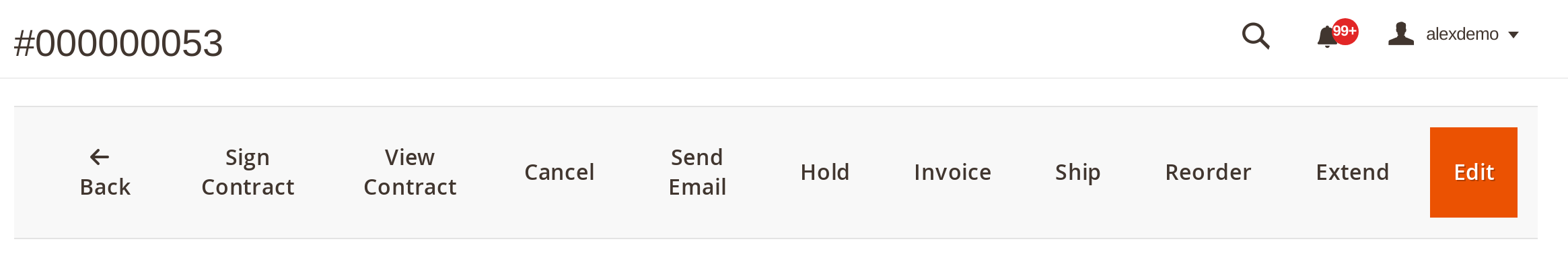 Magento 2 admin order view toolbar with the Sign Contract and View Contract buttons added by the rental contracts extension
