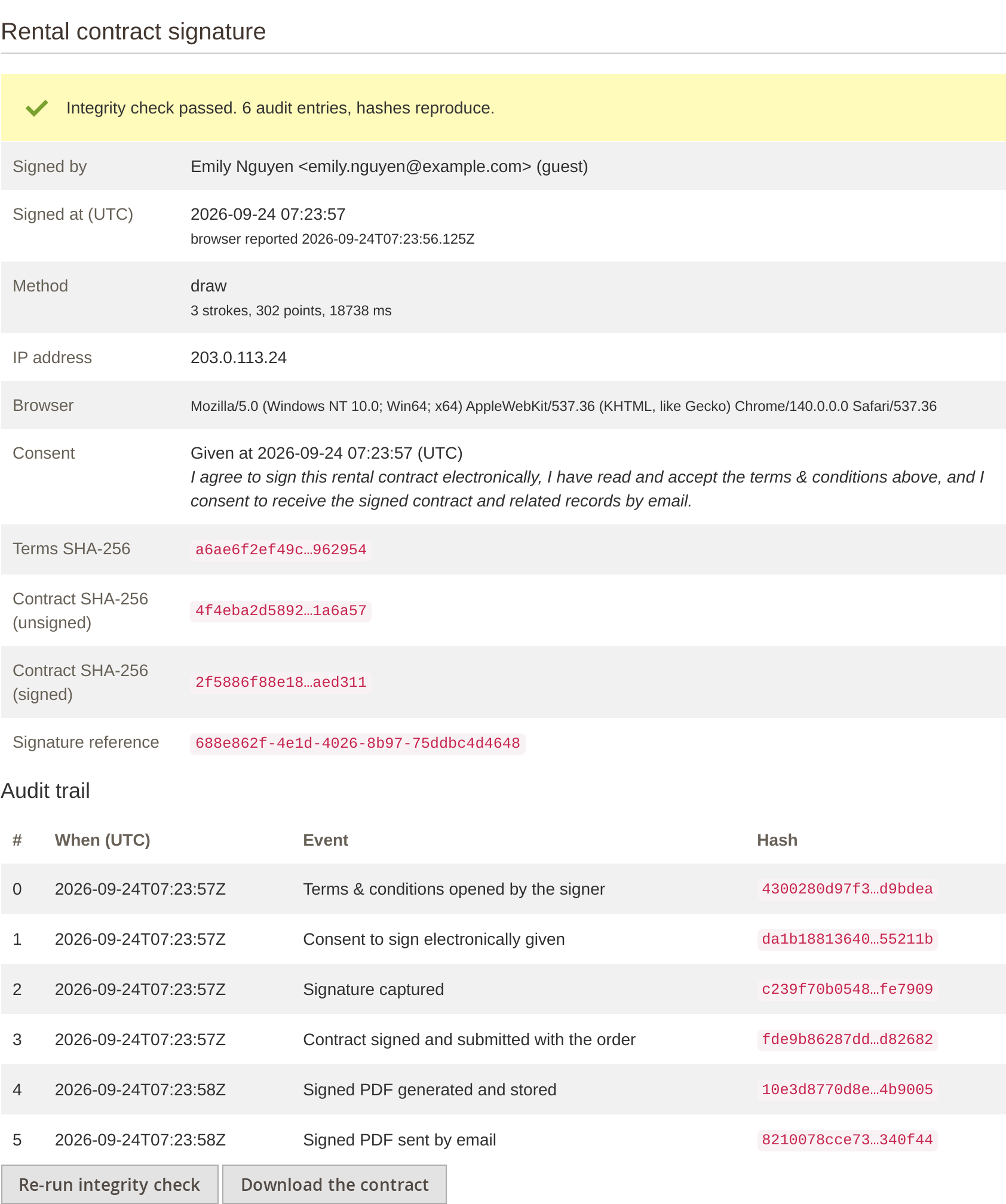 Rental contract signature evidence panel in the Magento admin: integrity check passed, signer, time, method, IP address, browser, consent, hashes and the audit trail