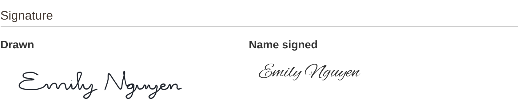 Signature section on the Magento admin order view showing the drawn signature and the typed name