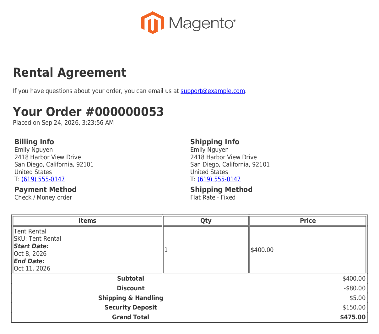 First page of the signed rental contract PDF: contract title, order number, billing and shipping details, and the rented item with its start and end dates