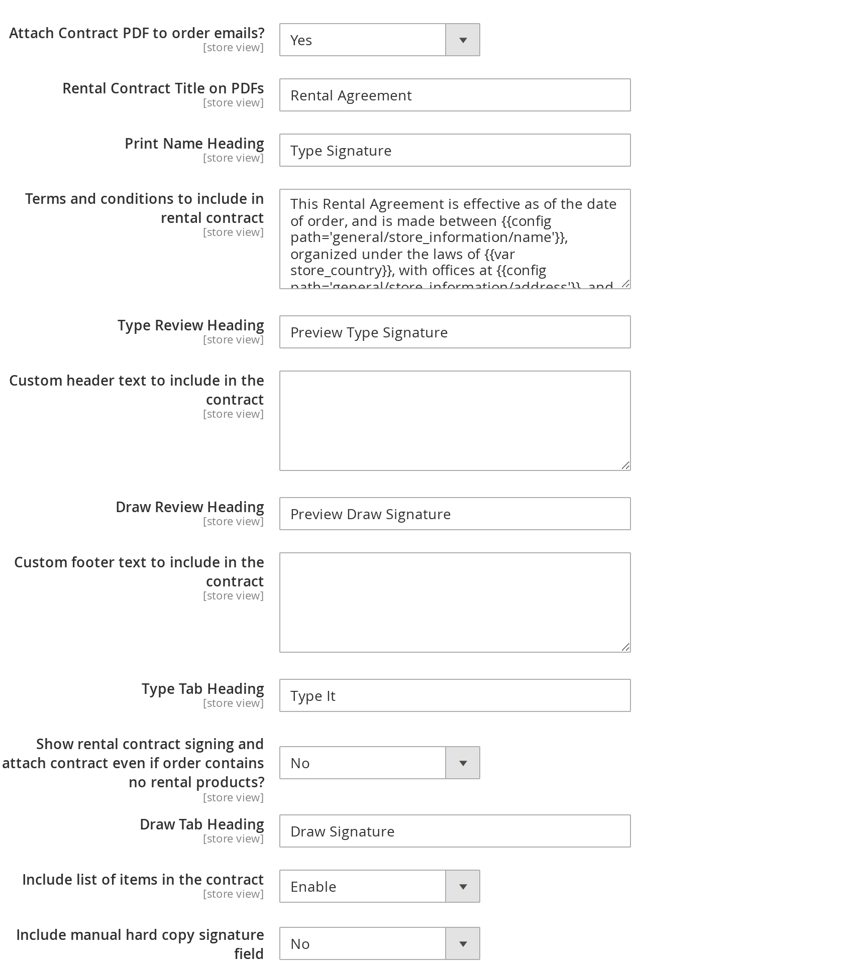 Rental Contracts settings for the contract PDF: attach to order emails, PDF title, terms and conditions, header and footer text, orders without rentals and manual signature lines