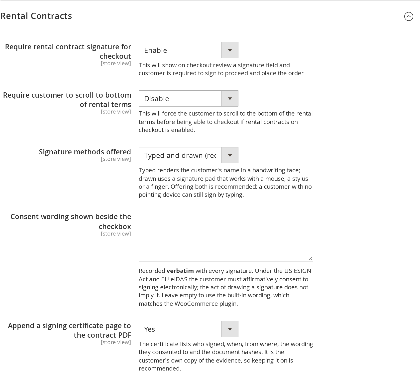 Rental Contracts settings in the Magento 2 admin: require signature at checkout, scroll to bottom, signature methods, consent wording and signing certificate