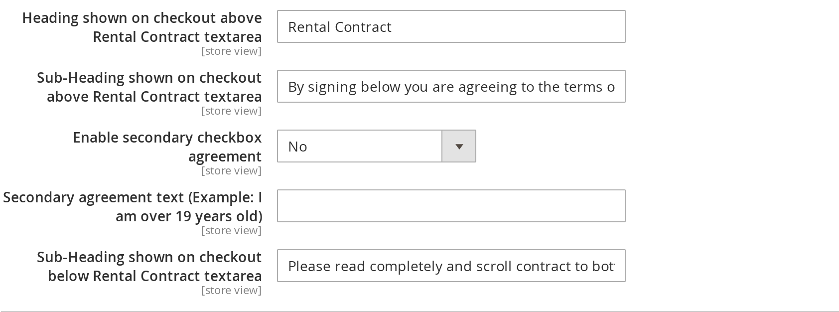 Rental Contracts checkout wording settings: heading and sub-headings around the terms box and the secondary checkbox agreement