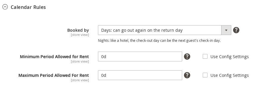 The Calendar Rules section of the Rental tab on a product, with Booked by as its first field, set to Days: can go out again on the return day, above Minimum Period Allowed for Rent
