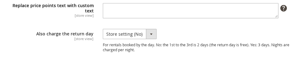 The Pricing section of the Rental tab on a product, with Also charge the return day set to Store setting (No)