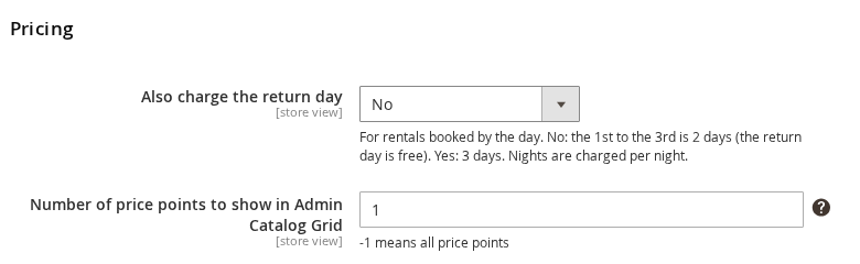 Stores, Configuration, Sales Igniter, Rental, Pricing with Also charge the return day set to No, above Number of price points to show in Admin Catalog Grid