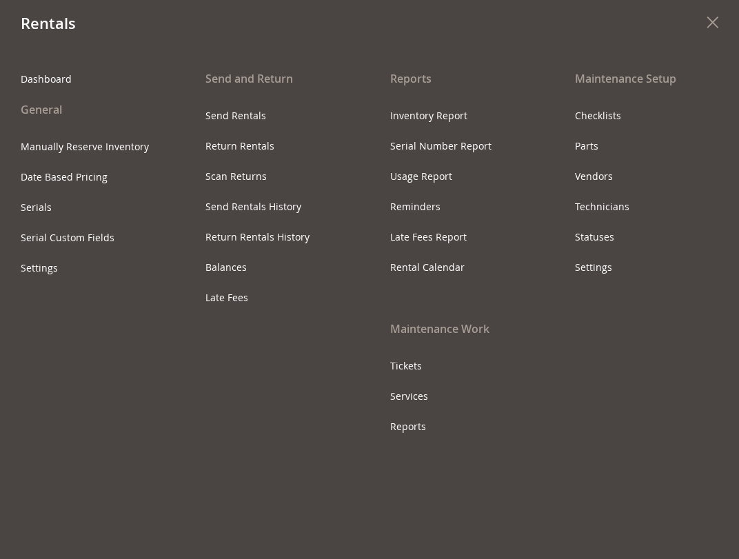 The Rentals menu in the Magento admin with the two headings Maintenance Work and Maintenance Setup and their entries