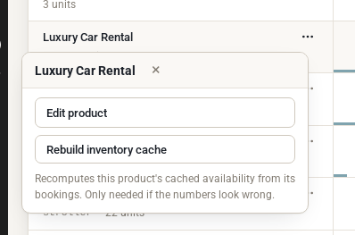 The product menu in the Inventory Report with Edit product and Rebuild inventory cache