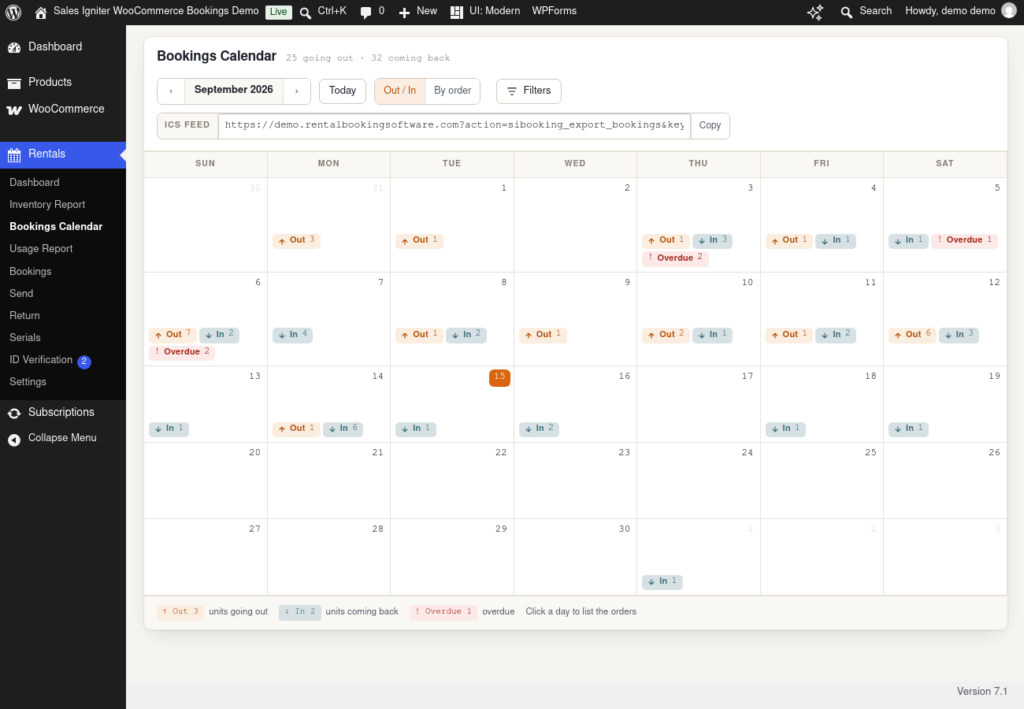 Sales Igniter admin Bookings Calendar in WooCommerce showing rental units going out, coming back and overdue per day