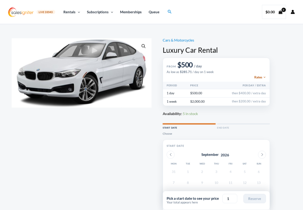 Sales Igniter WooCommerce rental plugin product page on the live demo: per-day rate table, 5 in stock, and the start date calendar