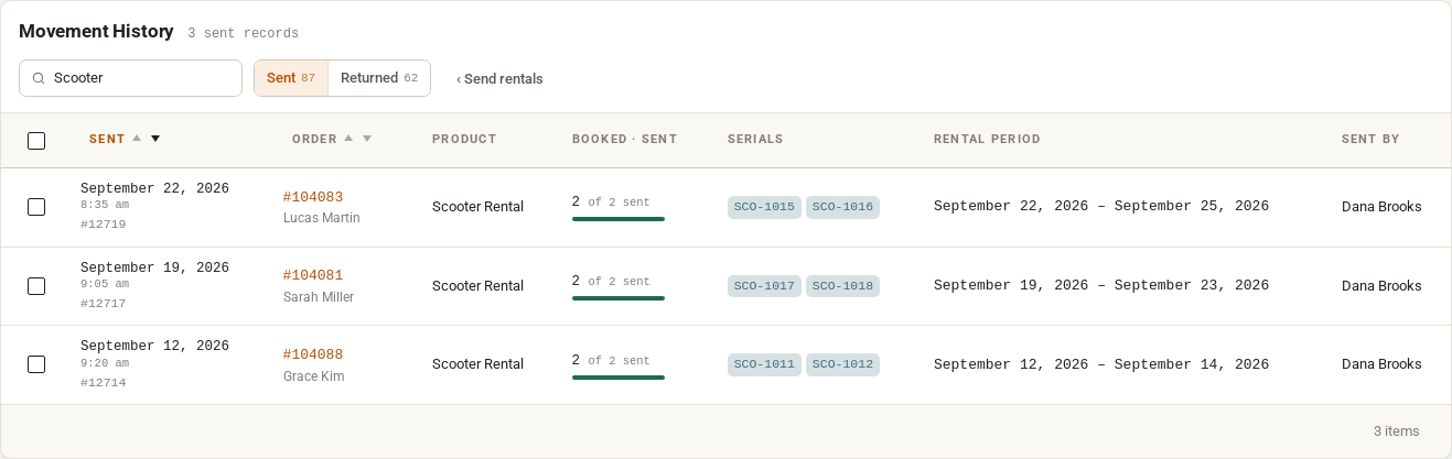 Movement History on the Sent tab, searched for Scooter and sorted newest first: three scooter hires sent by Dana Brooks, each with its two serial numbers and rental period