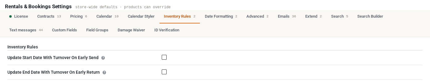 Rentals and Bookings Settings on the Inventory Rules tab, with the Update Start Date With Turnover On Early Send and Update End Date With Turnover On Early Return checkboxes