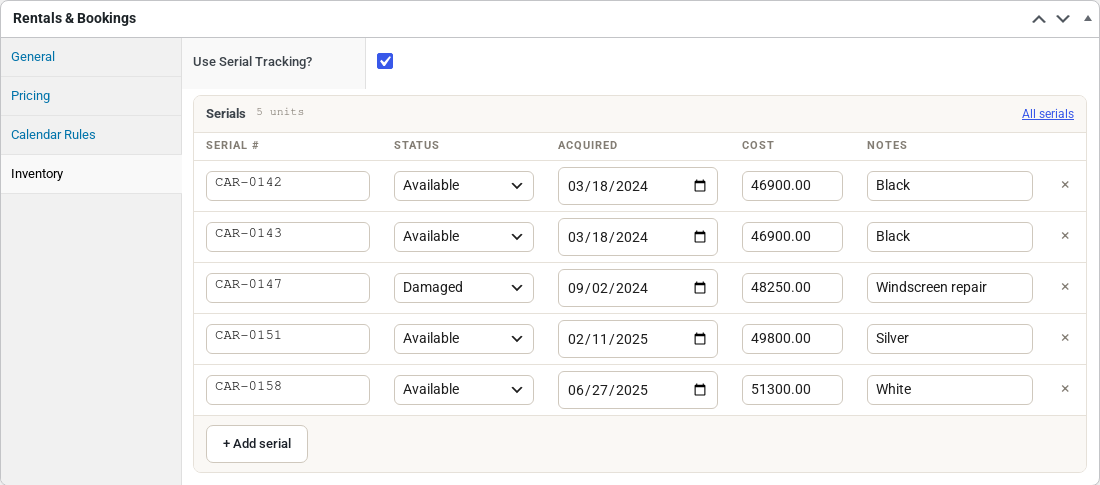 Rentals & Bookings box on the Luxury Car Rental product, Inventory tab, with Use Serial Tracking? ticked and a Serials table of five cars, CAR-0142 to CAR-0158, one marked Damaged for a windscreen repair