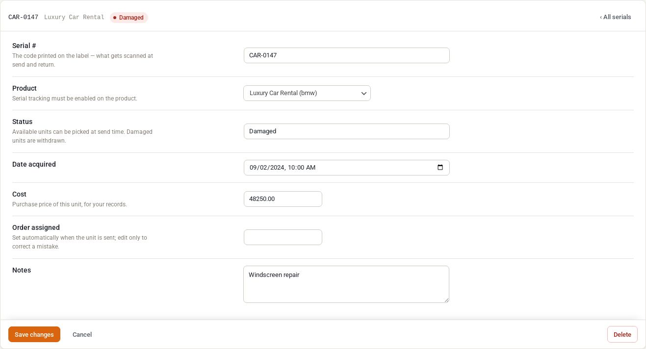 Edit screen for serial CAR-0147 of Luxury Car Rental, status Damaged, with fields for serial number, product, status, date acquired, cost, order assigned and notes