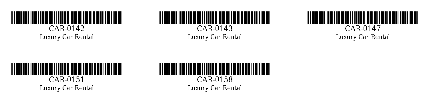 PDF sheet of Code 39 barcode labels for CAR-0142 to CAR-0158, each with the serial number and Luxury Car Rental printed underneath
