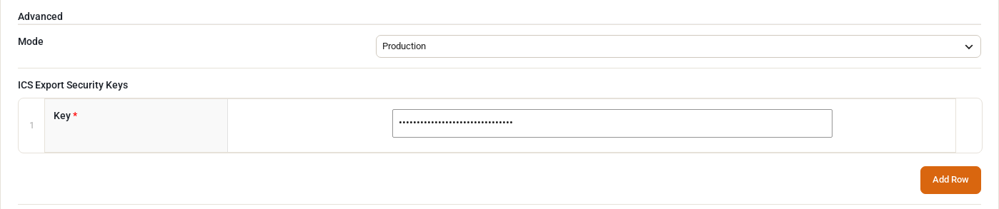 The Advanced tab: Mode set to Production, and the ICS Export Security Keys table with one key (hidden)