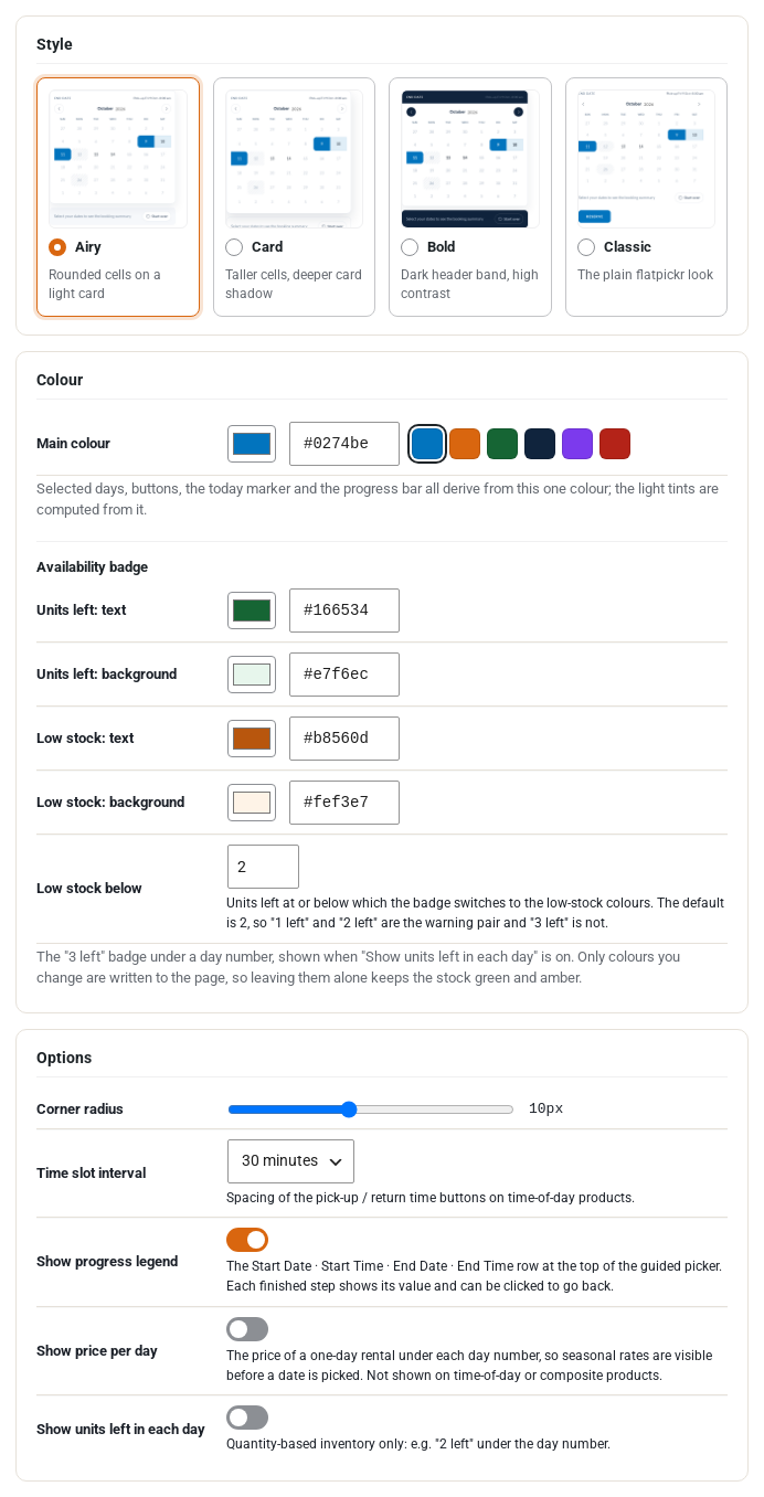 The lower half of the Calendar Styler: the four calendar styles, the main colour with suggested swatches, the availability badge colours with the low stock threshold, and the options for corner radius, time slot interval, progress legend, price per day and units left