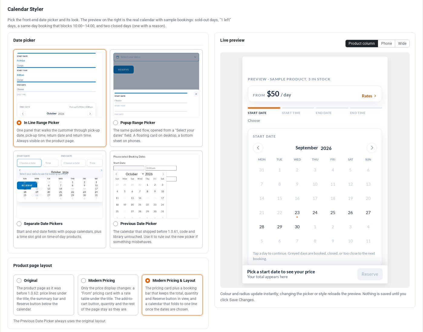 The Calendar Styler tab: four date picker choices (In Line Range Picker, Popup Range Picker, Separate Date Pickers, Previous Date Picker), three product page layouts (Original, Modern Pricing, Modern Pricing & Layout) and a live preview of the calendar on a sample product