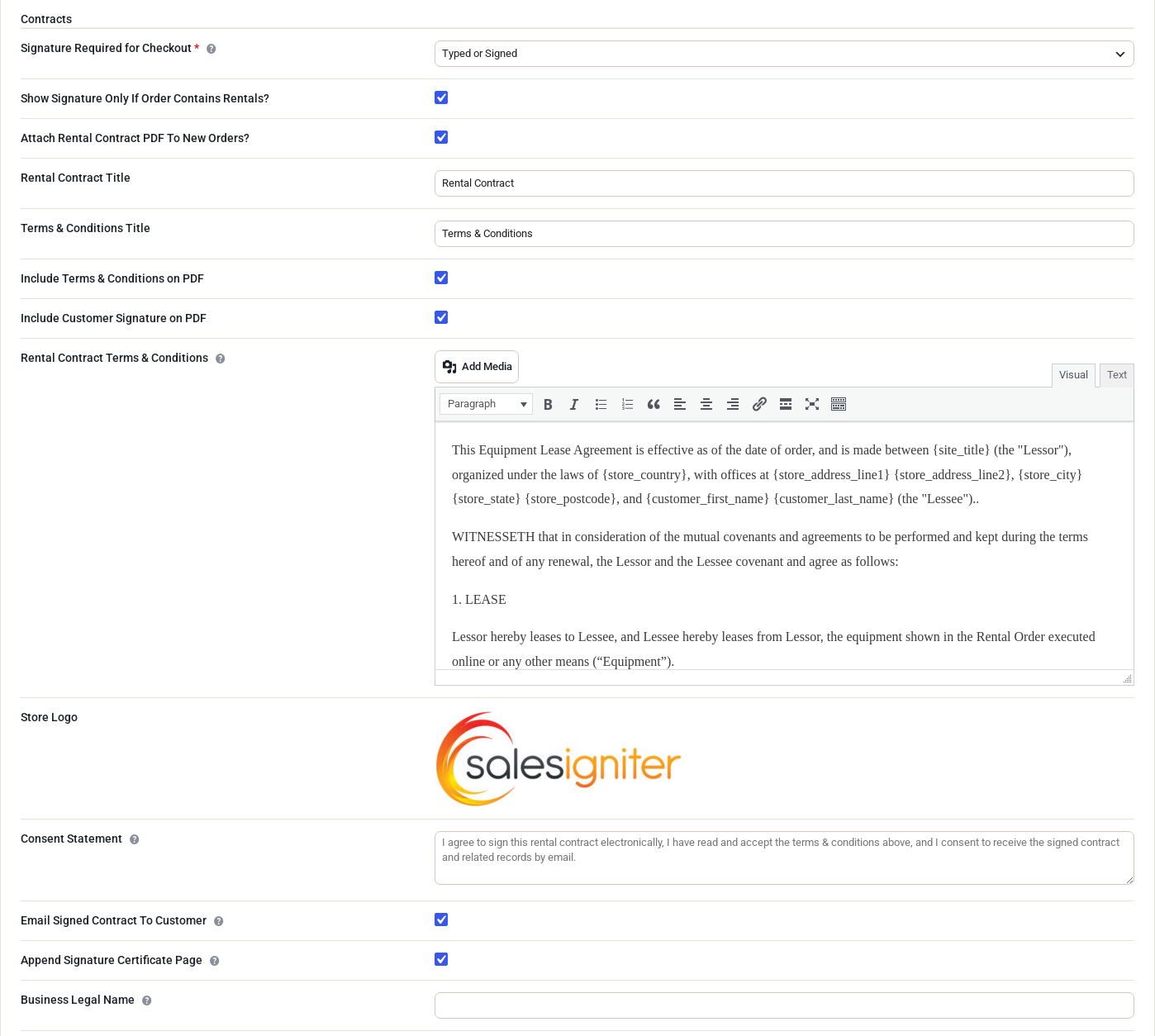 The Contracts tab: signature requirement, contract and terms titles, what to include on the PDF, the contract text editor, store logo, consent statement, emailing the signed contract, the signature certificate page and the business legal name