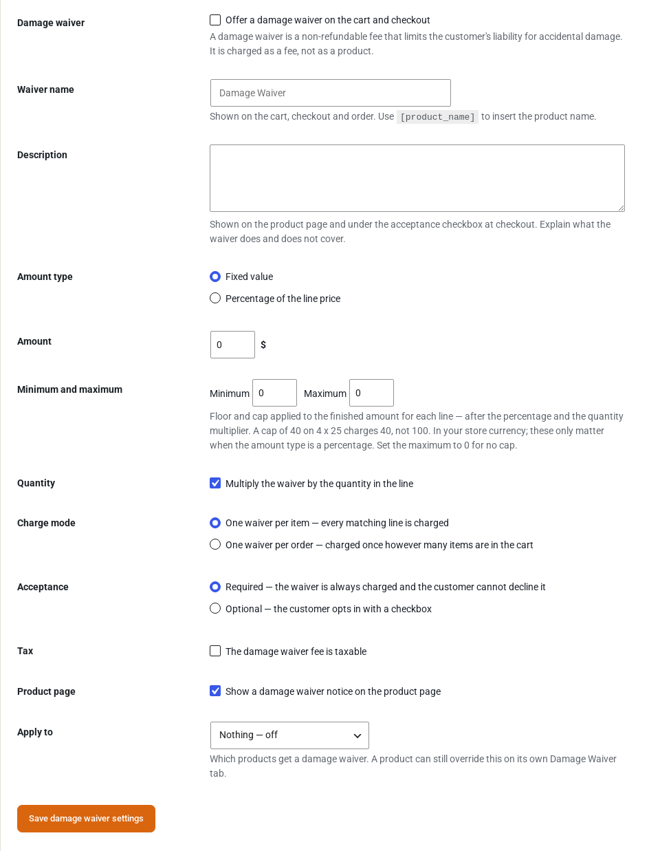 The Damage Waiver tab: enable the waiver, waiver name, description, amount type (fixed or percentage), amount, minimum and maximum, quantity, charge mode, acceptance, tax, product page notice and which products it applies to