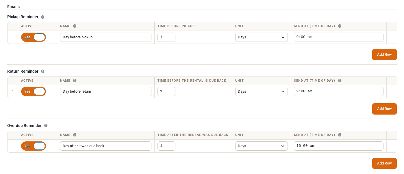 The top of the Emails tab: Pickup, Return and Overdue Reminder tables, each with an example row set to one day at a given time of day
