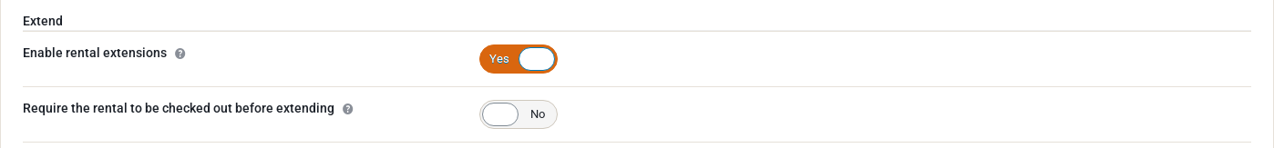 The Extend tab with two switches: Enable rental extensions (on) and Require the rental to be checked out before extending (off)