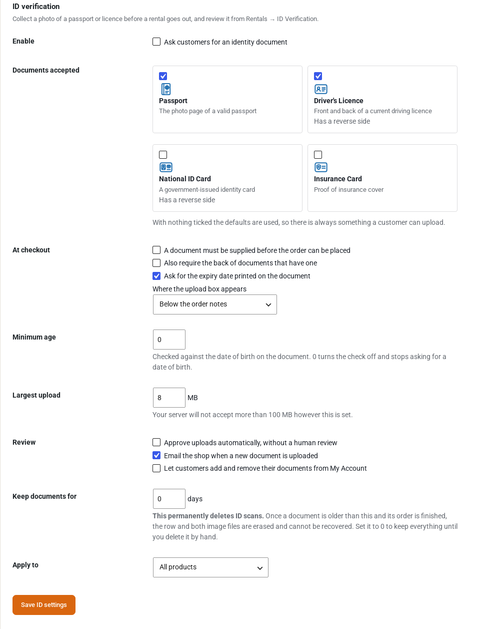 The ID Verification tab: enable switch, the four accepted document types with icons, checkout options, minimum age, largest upload, review options, how long to keep documents and which products it applies to