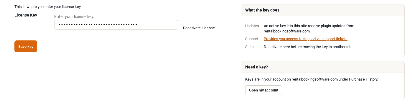 The License tab with the licence key field (key hidden), the Save key button, a Deactivate License link and two boxes explaining what the key does and where to find it