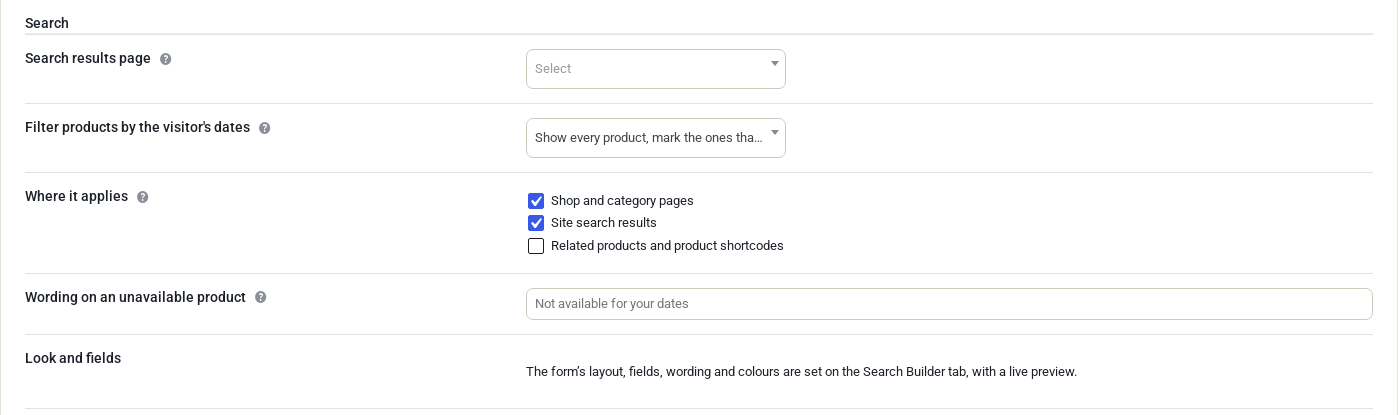 The Search tab: search results page, how to filter products by the visitor's dates, where the filter applies, and the wording on an unavailable product