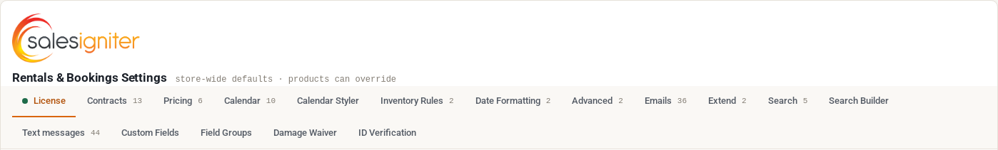 The Rentals & Bookings Settings page header with its row of tabs: License, Contracts, Pricing, Calendar, Calendar Styler, Inventory Rules, Date Formatting, Advanced, Emails, Extend, Search, Search Builder, Text messages, Custom Fields, Field Groups, Damage Waiver and ID Verification