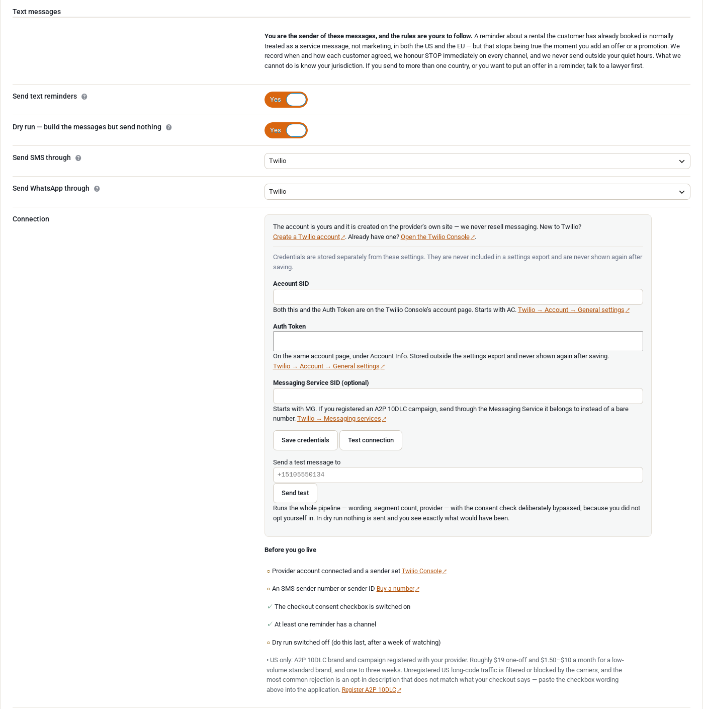 The top of the Text messages tab: a note about the sender's responsibilities, switches for Send text reminders and Dry run, the SMS and WhatsApp providers, and the Twilio connection panel with empty credential fields and a test message box