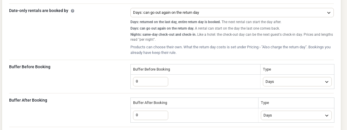 The Calendar tab with Date-only rentals are booked by set to "Days: can go out again on the return day", a short explanation of each choice, and the Buffer Before Booking and Buffer After Booking fields below it