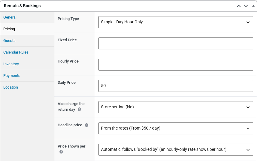 The Pricing tab of a rental product with Daily Price 50, Also charge the return day set to Store setting (No), and Headline price and Price shown per below it