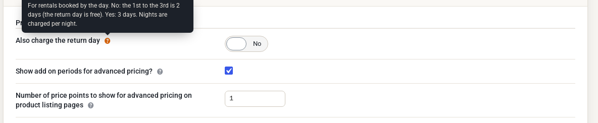 The Pricing tab with Also charge the return day set to No, and the hint "For rentals booked by the day. No: the 1st to the 3rd is 2 days (the return day is free). Yes: 3 days. Nights are charged per night."