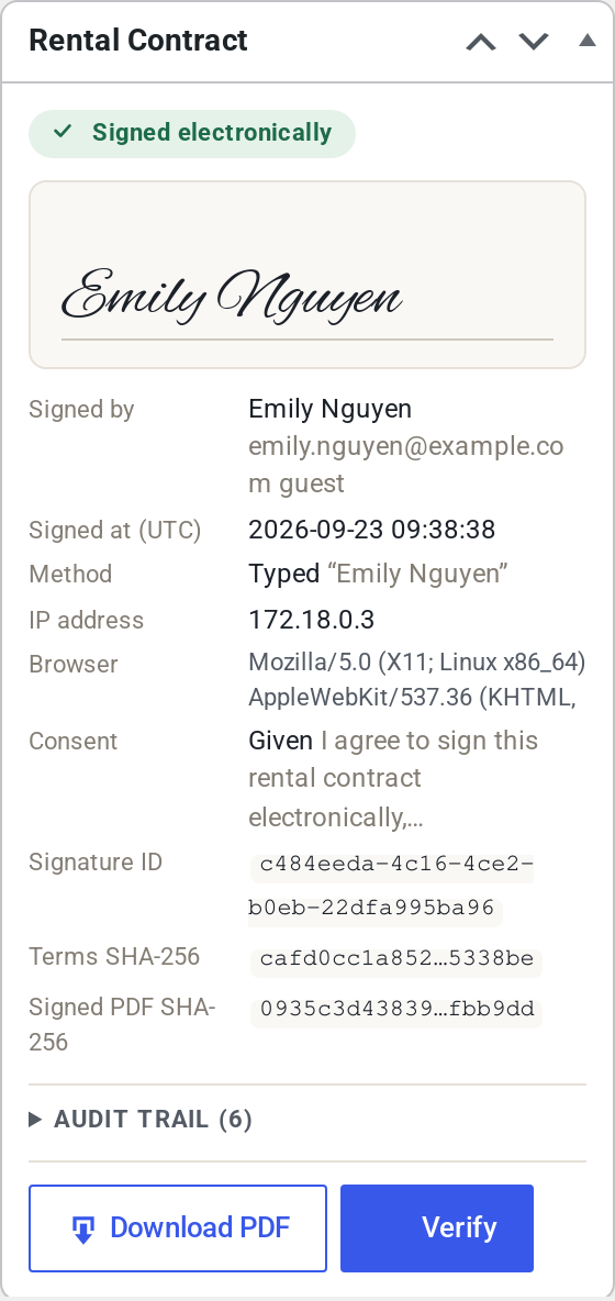 Rental Contract box on a WooCommerce order showing the signature, signer, time, IP address, consent, signature ID, document fingerprints, the audit trail and the Download PDF and Verify buttons