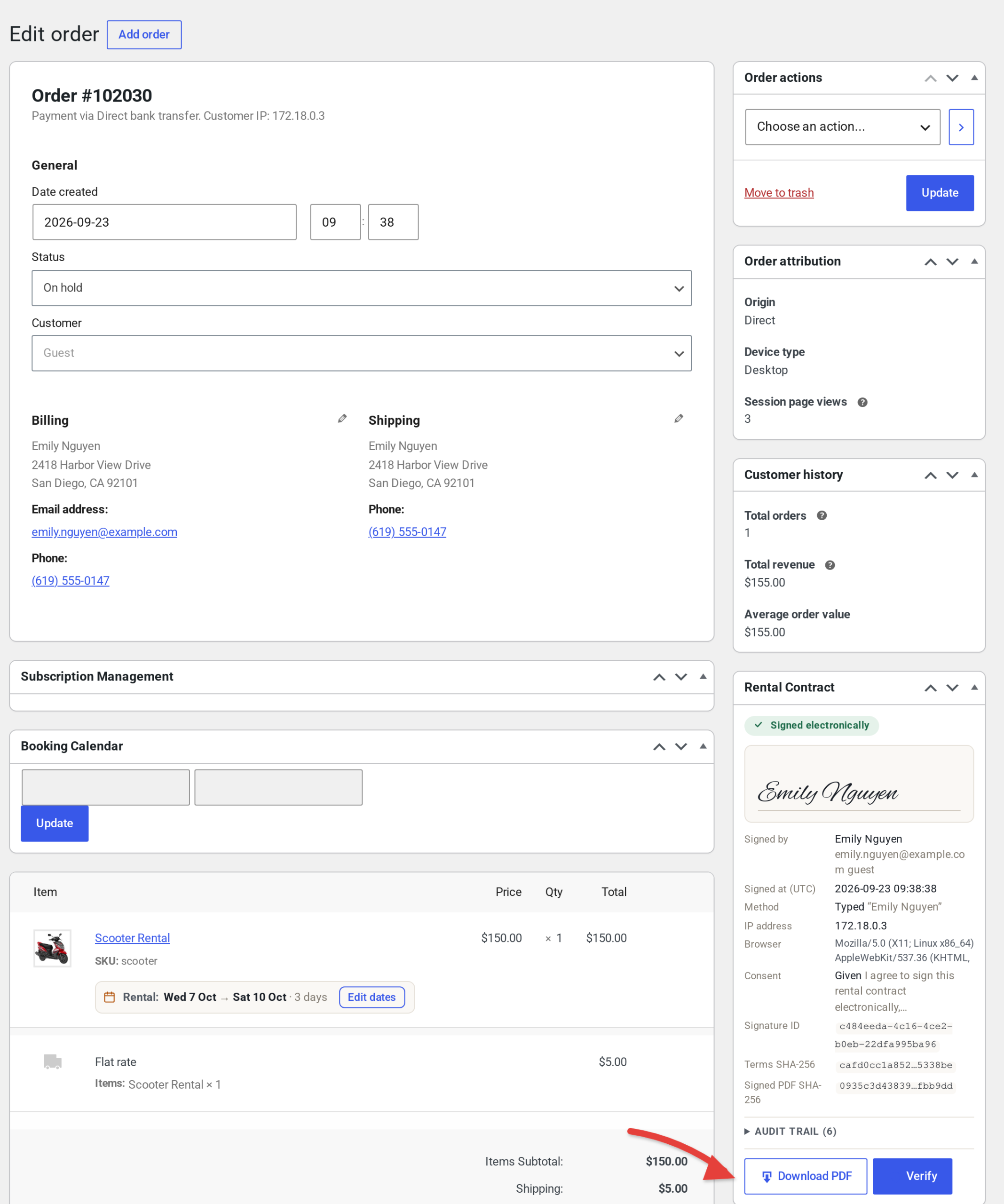 WooCommerce Edit order screen with the Rental Contract box in the right-hand column and an arrow pointing at its Download PDF button