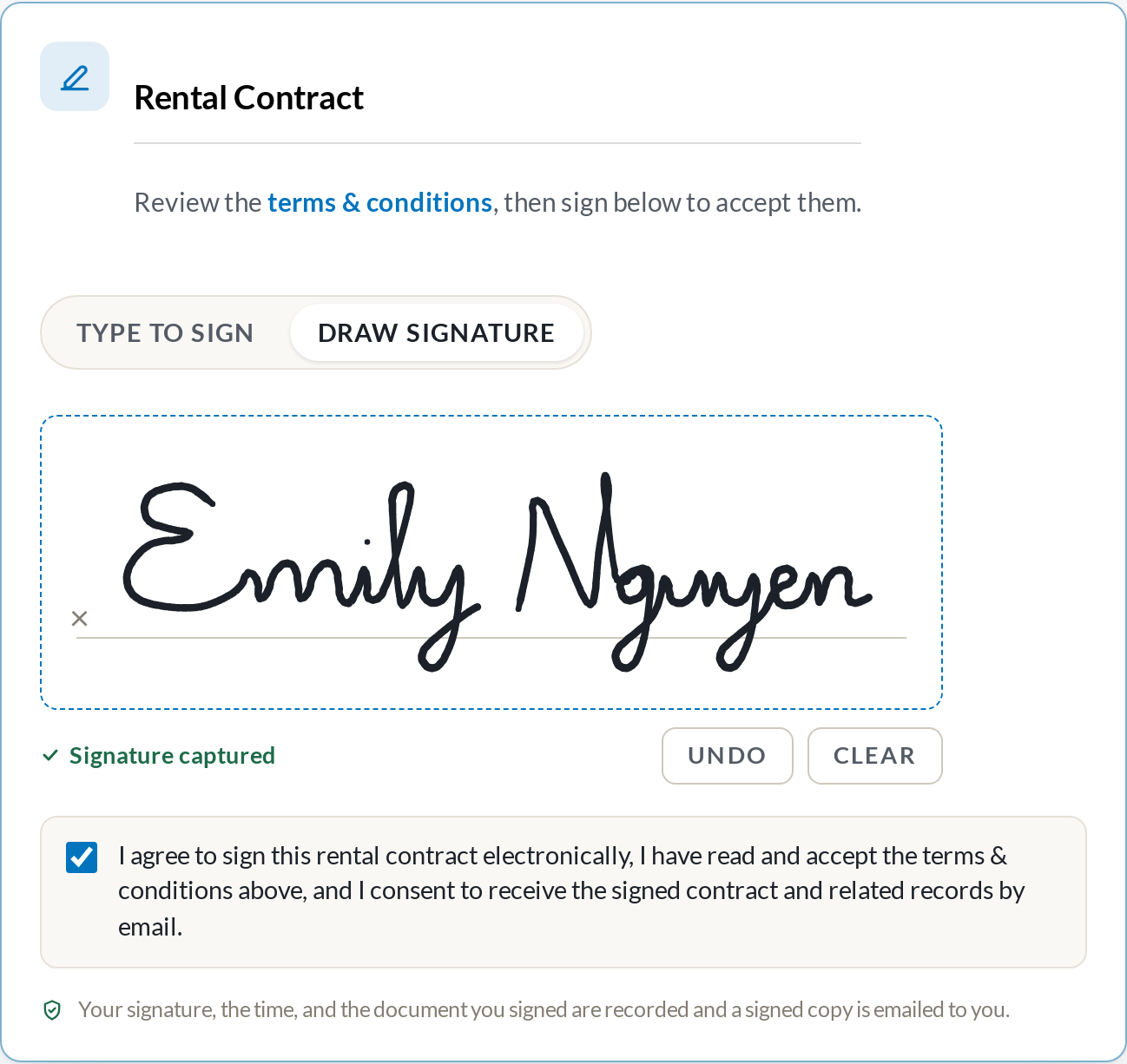 Draw signature tab at checkout with a handwritten signature in the signature pad and the Undo and Clear buttons