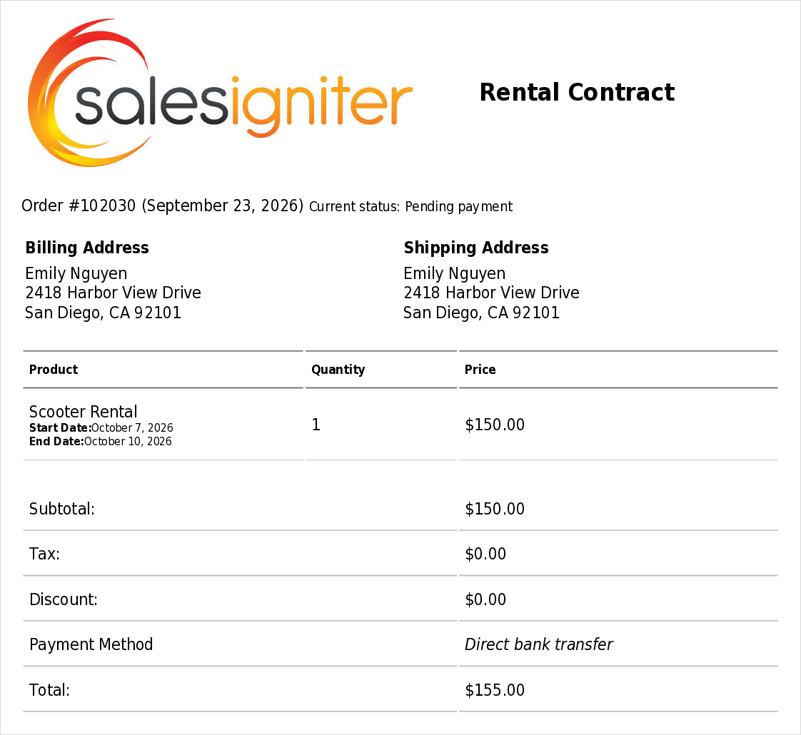 First page of a rental contract PDF with the store logo, order number, billing and shipping addresses, the rented item with its start and end dates and the order totals