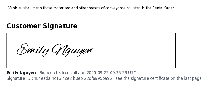 Customer Signature block at the end of a rental contract PDF with the typed signature, the signing time and the signature ID